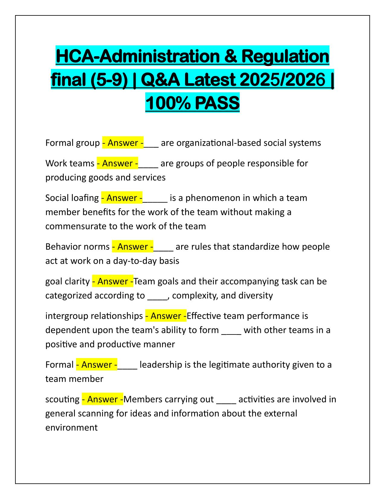 HCA-Administration and Regulation final (5-9) Correctly Answered Latest Update