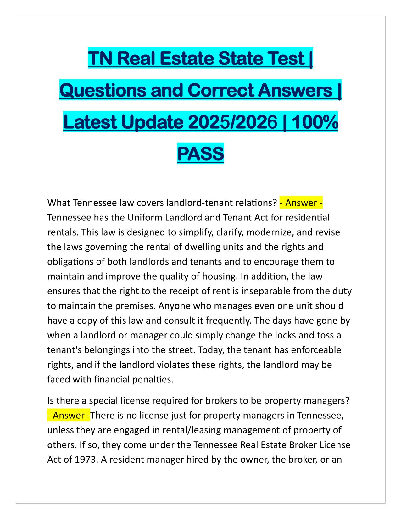 TN Real Estate State Test Questions and Answers 2025/2026